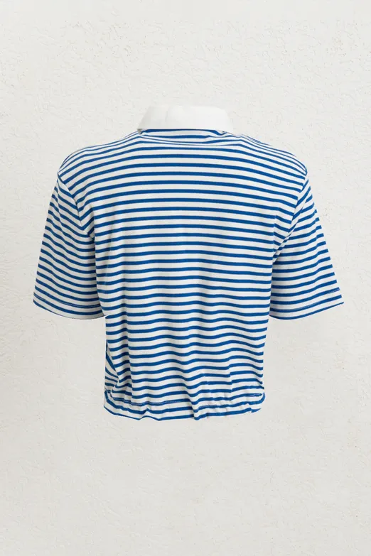 Bayan Mavi Polo Yaka Çizgili Balon Tshirt - BSL