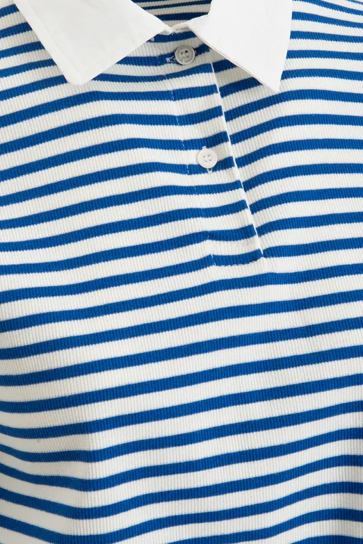 Bayan Mavi Polo Yaka Çizgili Balon Tshirt - BSL