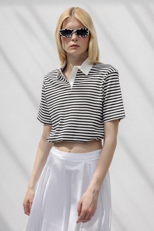 Bayan  Polo Yaka Çizgili Balon Tshirt