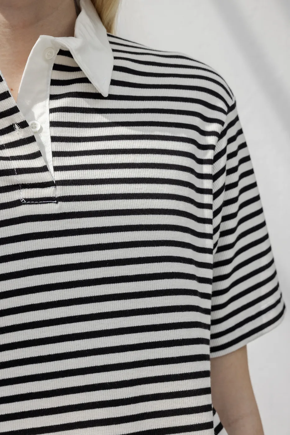 Bayan Siyah Polo Yaka Çizgili Balon Tshirt