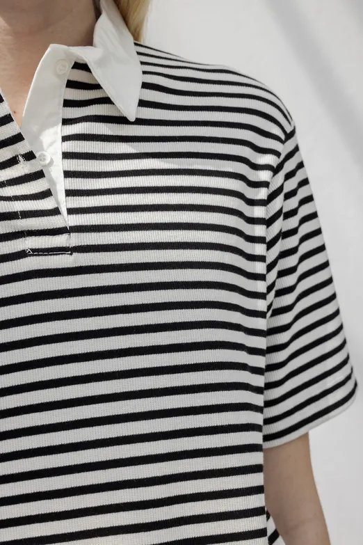 Bayan Siyah Polo Yaka Çizgili Balon Tshirt - BSL