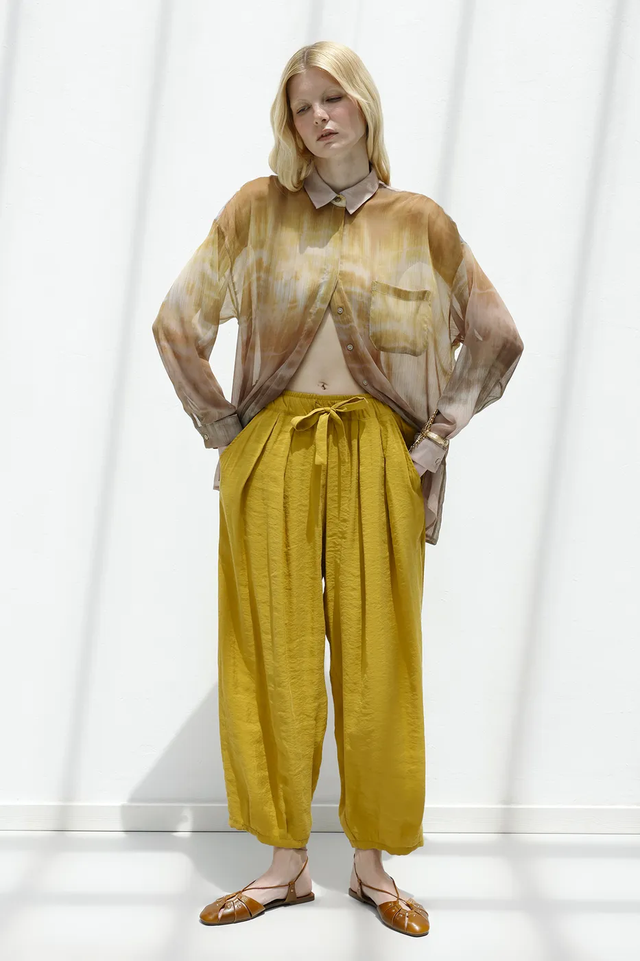 Bayan Hardal Tencel Pileli Şalvar Pantolon