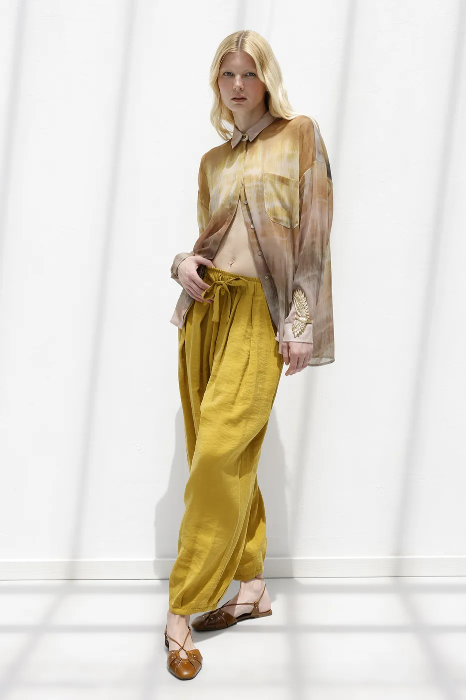 Bayan Hardal Tencel Pileli Şalvar Pantolon