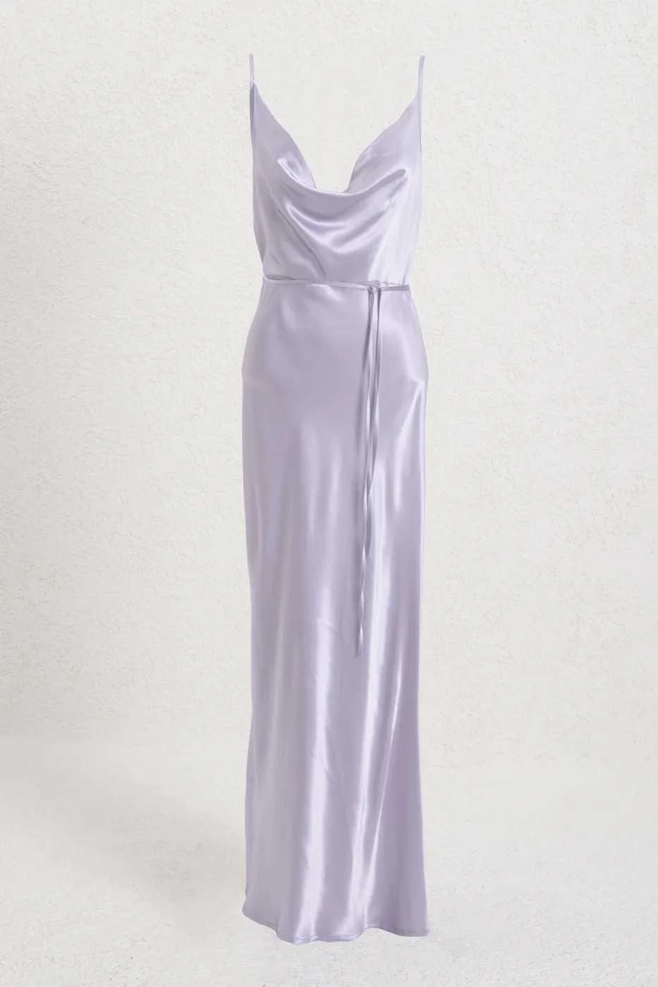 Bayan Lila Degaje Yakalı Midi Saten Elbise