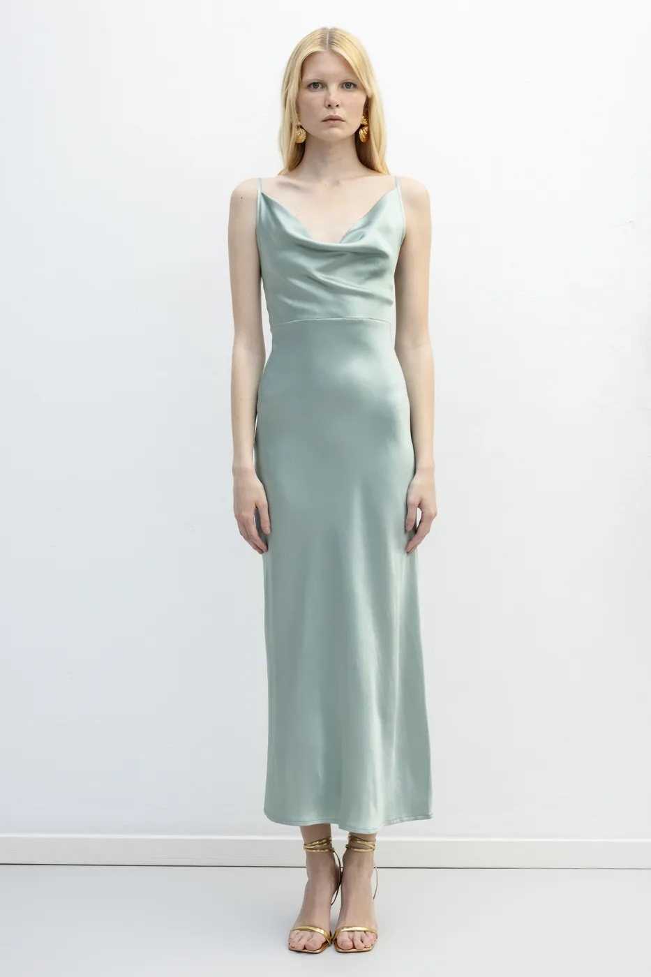 Bayan Yeşil Degaje Yakalı Midi Saten Elbise