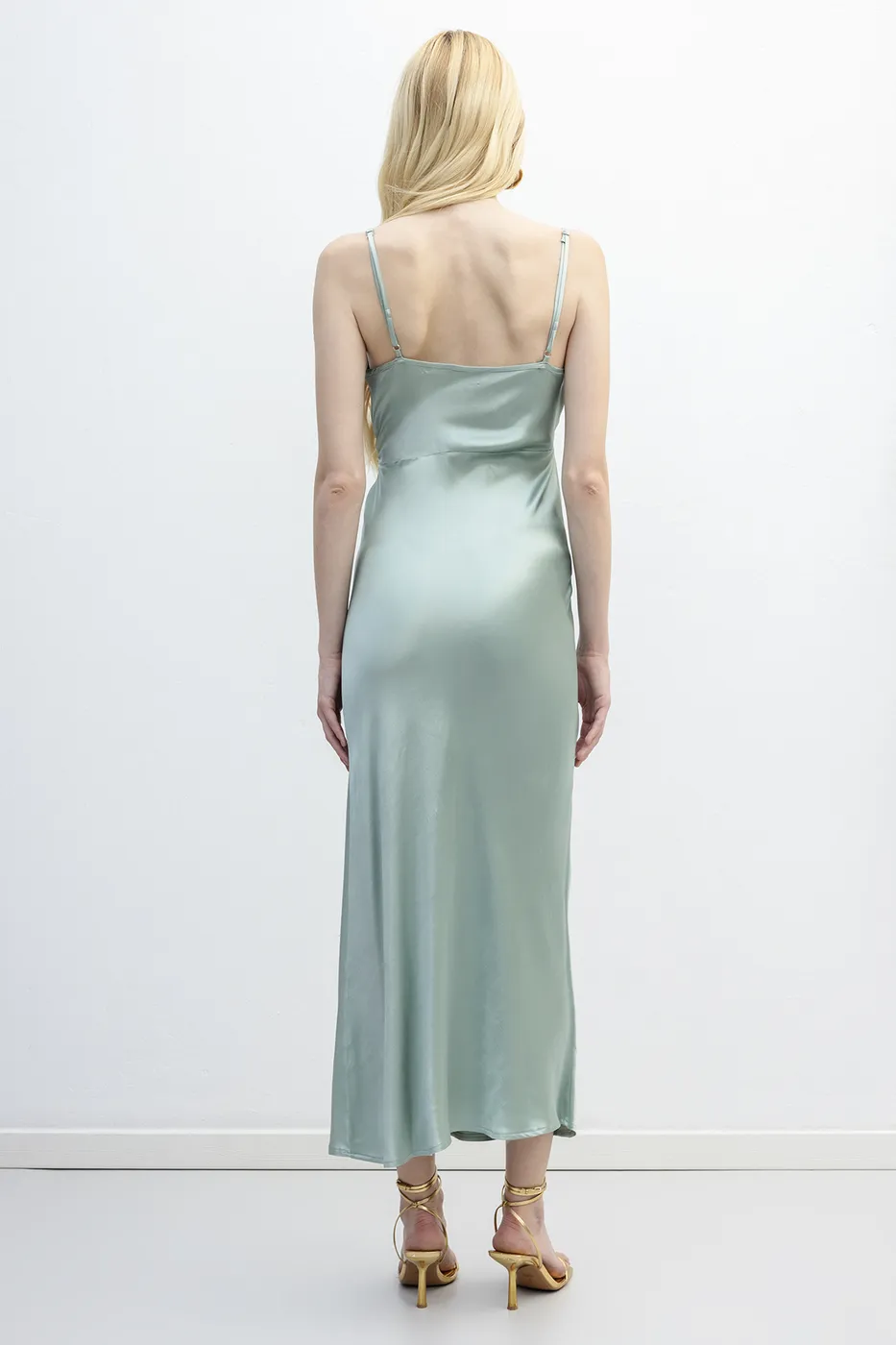 Bayan Yeşil Degaje Yakalı Midi Saten Elbise