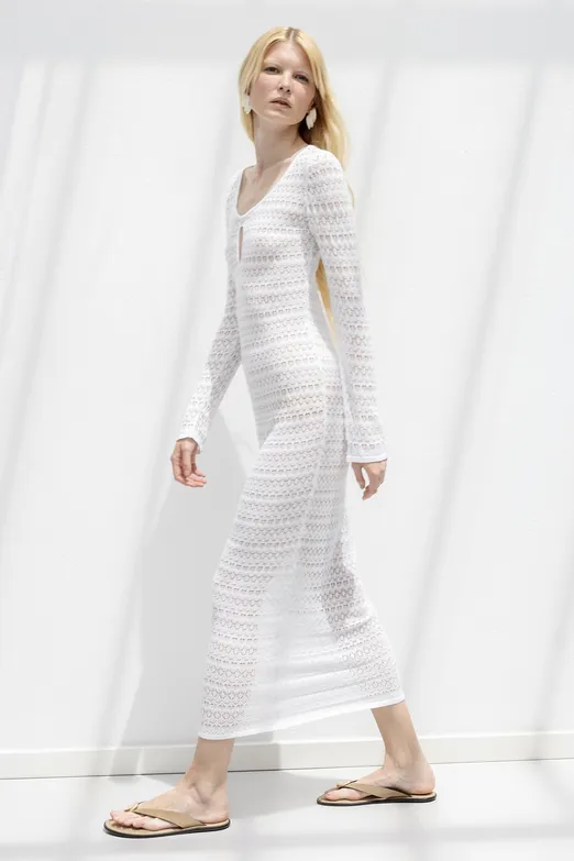 Bayan Beyaz Ajurlu Midi Örme Elbise - BSL