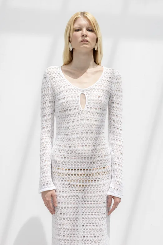 Bayan Beyaz Ajurlu Midi Örme Elbise - BSL