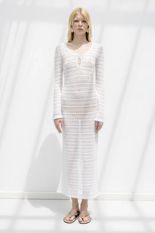 Bayan Beyaz Ajurlu Midi Örme Elbise - BSL