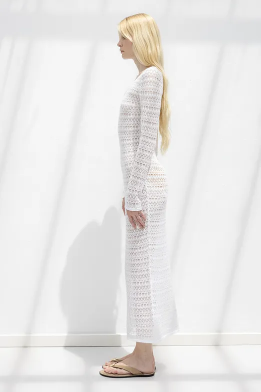 Bayan Beyaz Ajurlu Midi Örme Elbise - BSL