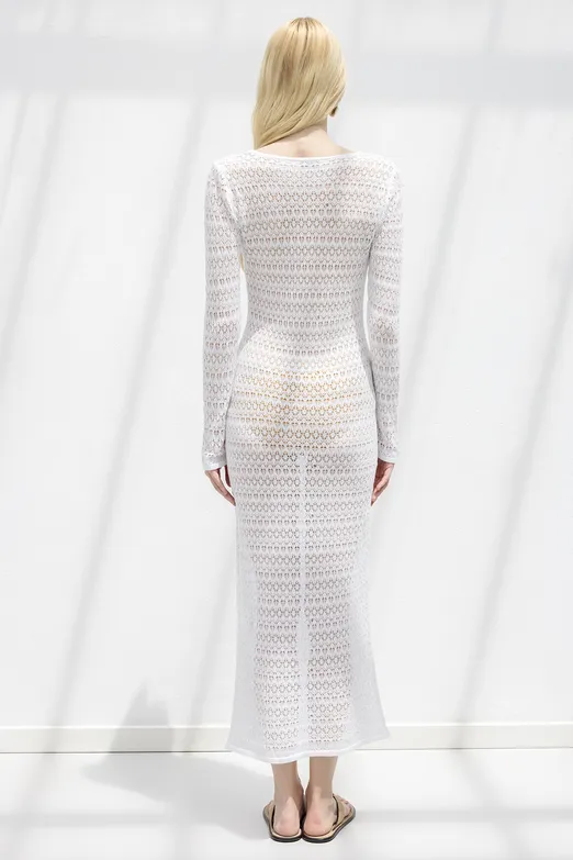 Bayan Beyaz Ajurlu Midi Örme Elbise - BSL