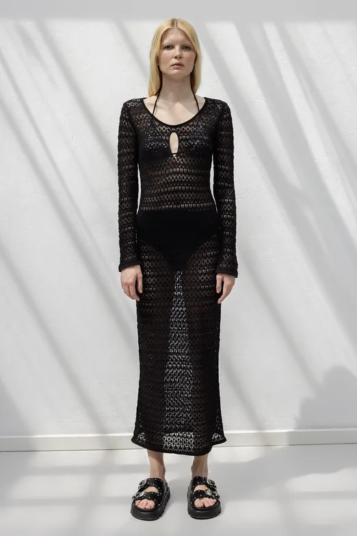 Bayan Siyah Ajurlu Midi Örme Elbise - BSL