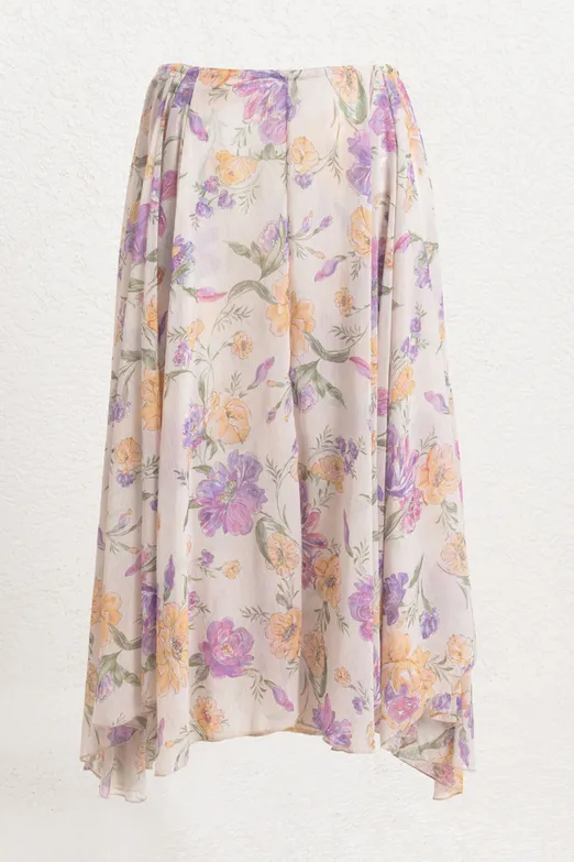 Bayan Ekru Volanlı Şifon Midi Etek - BSL