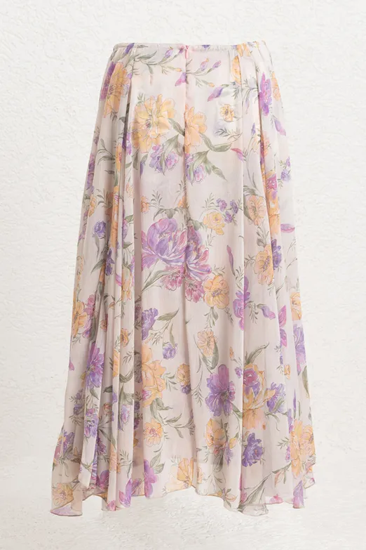 Bayan Ekru Volanlı Şifon Midi Etek - BSL