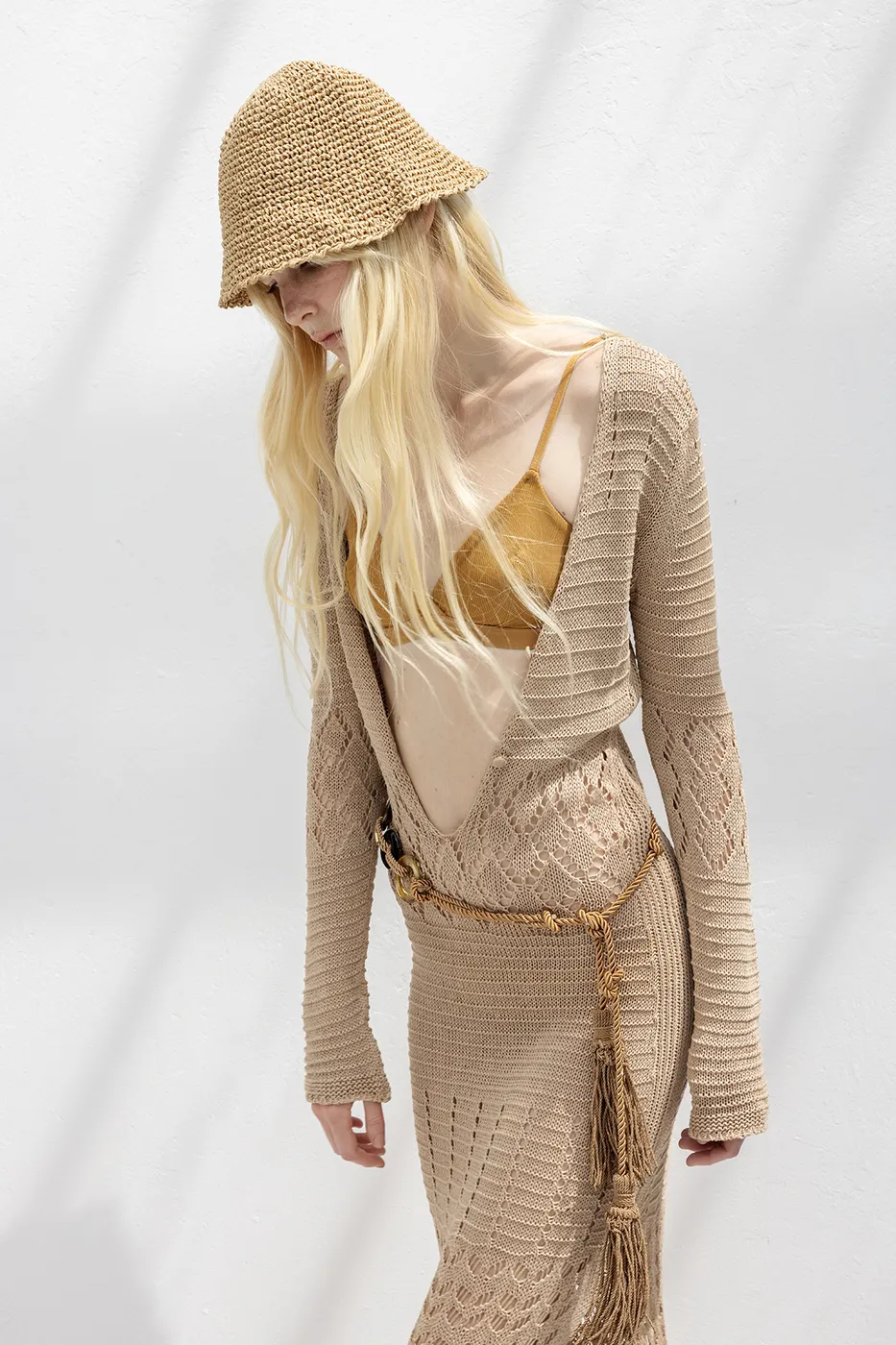 Bayan Bej Ajurlu Uzun Örme Elbise