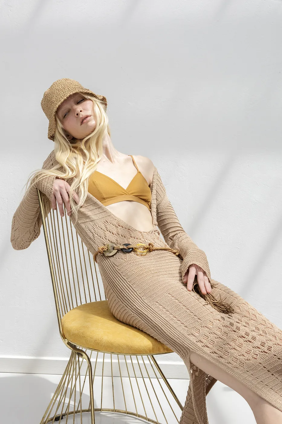 Bayan Bej Ajurlu Uzun Örme Elbise