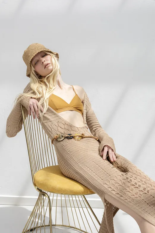 Bayan Bej Ajurlu Uzun Örme Elbise - BSL