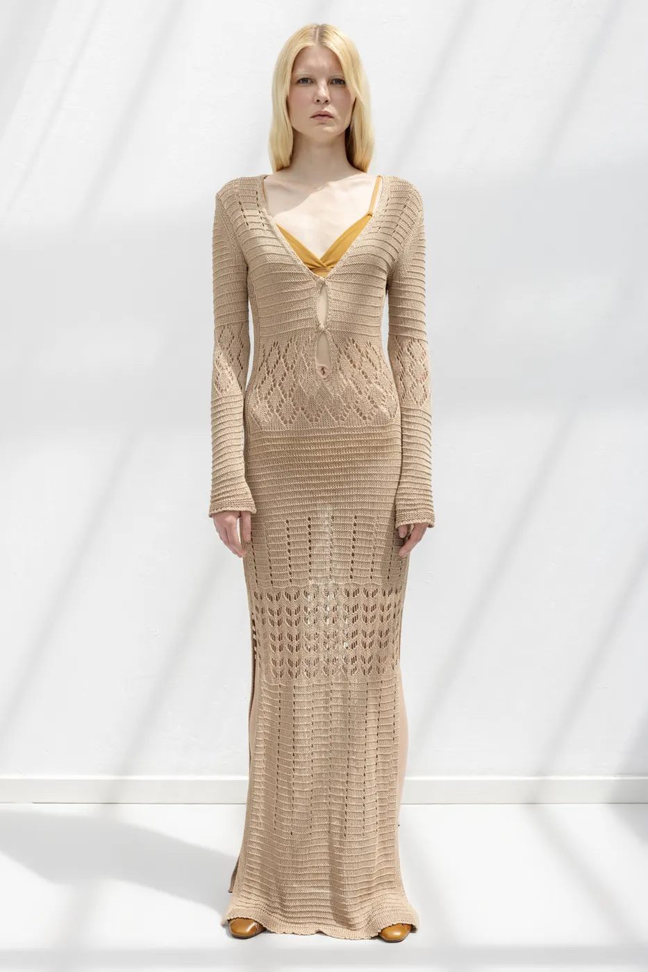 Bayan Bej Ajurlu Uzun Örme Elbise