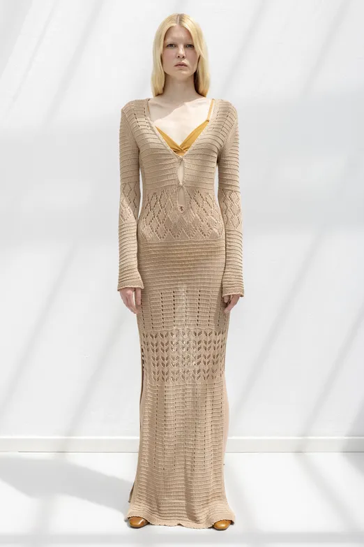 Bayan Bej Ajurlu Uzun Örme Elbise - BSL