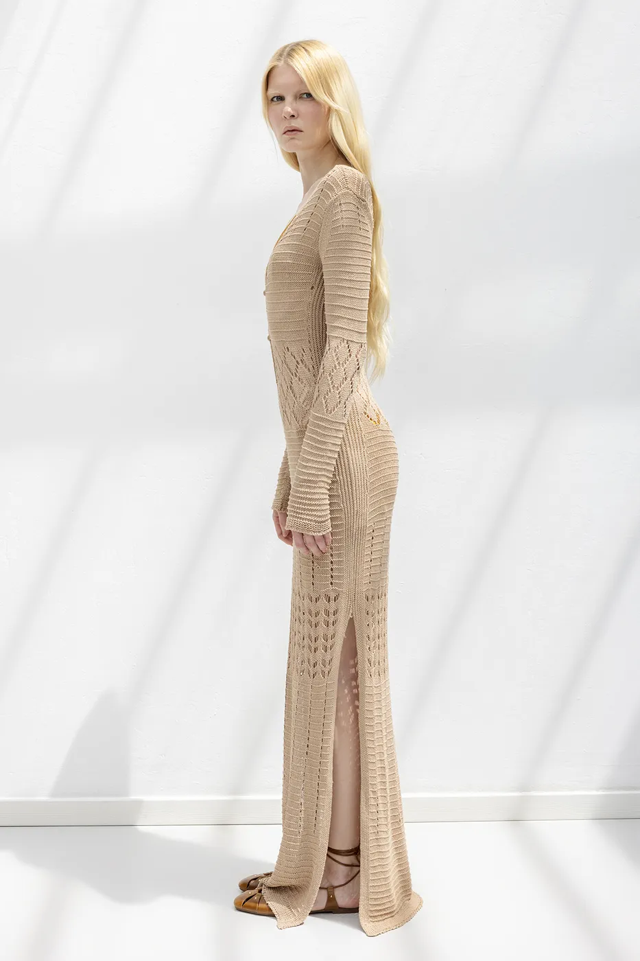 Bayan Bej Ajurlu Uzun Örme Elbise