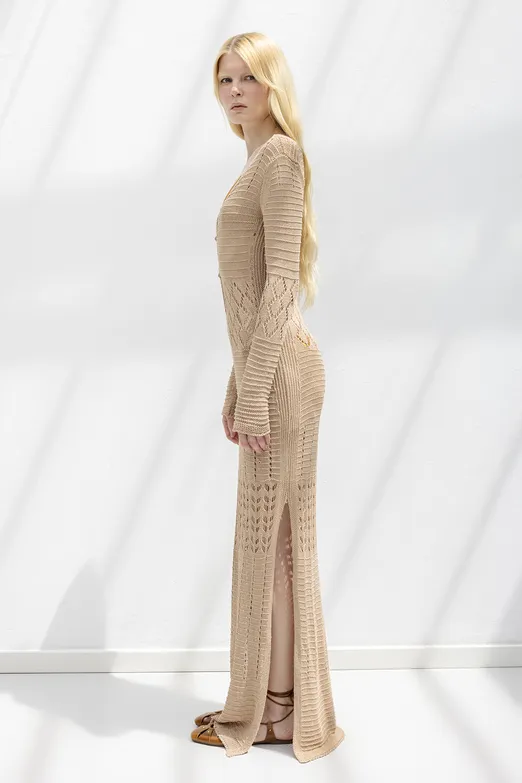 Bayan Bej Ajurlu Uzun Örme Elbise - BSL