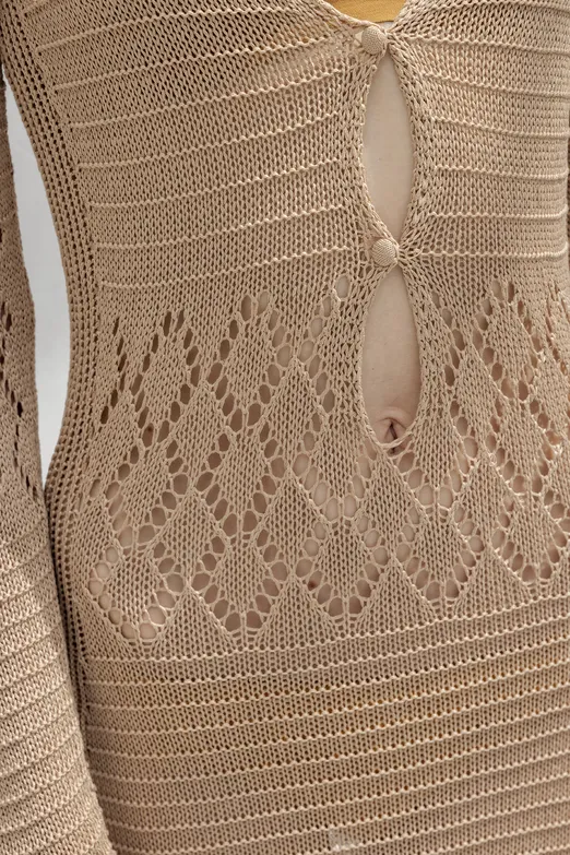 Bayan Bej Ajurlu Uzun Örme Elbise - BSL