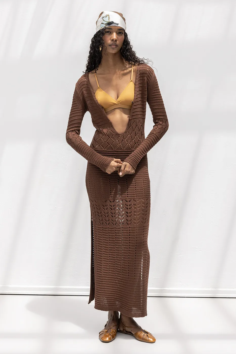 Bayan Kahverengi Ajurlu Uzun Örme Elbise