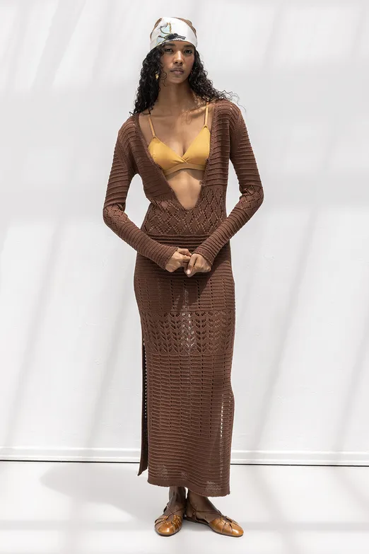 Bayan Kahverengi Ajurlu Uzun Örme Elbise - BSL