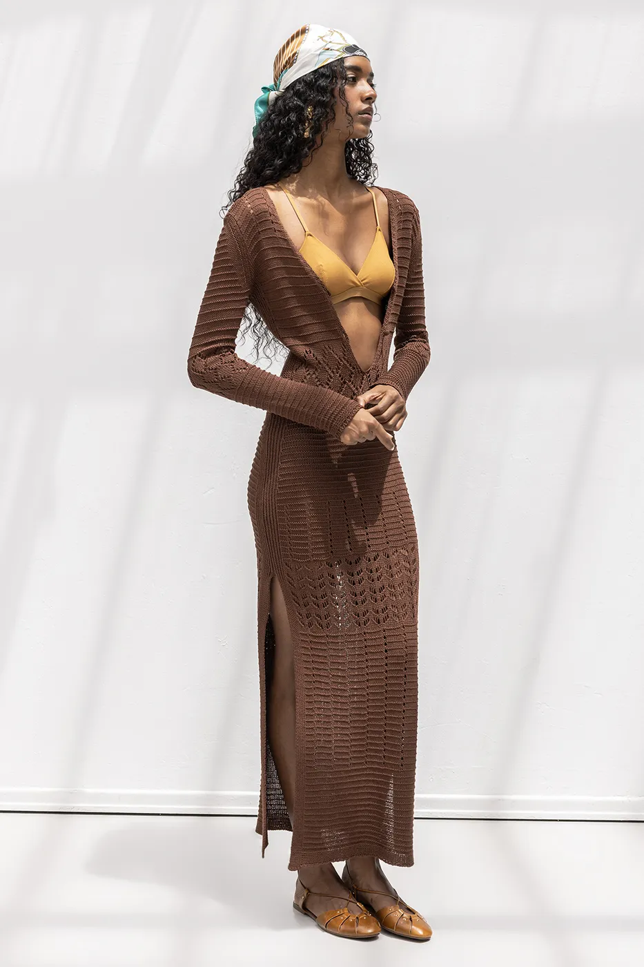 Bayan Kahverengi Ajurlu Uzun Örme Elbise