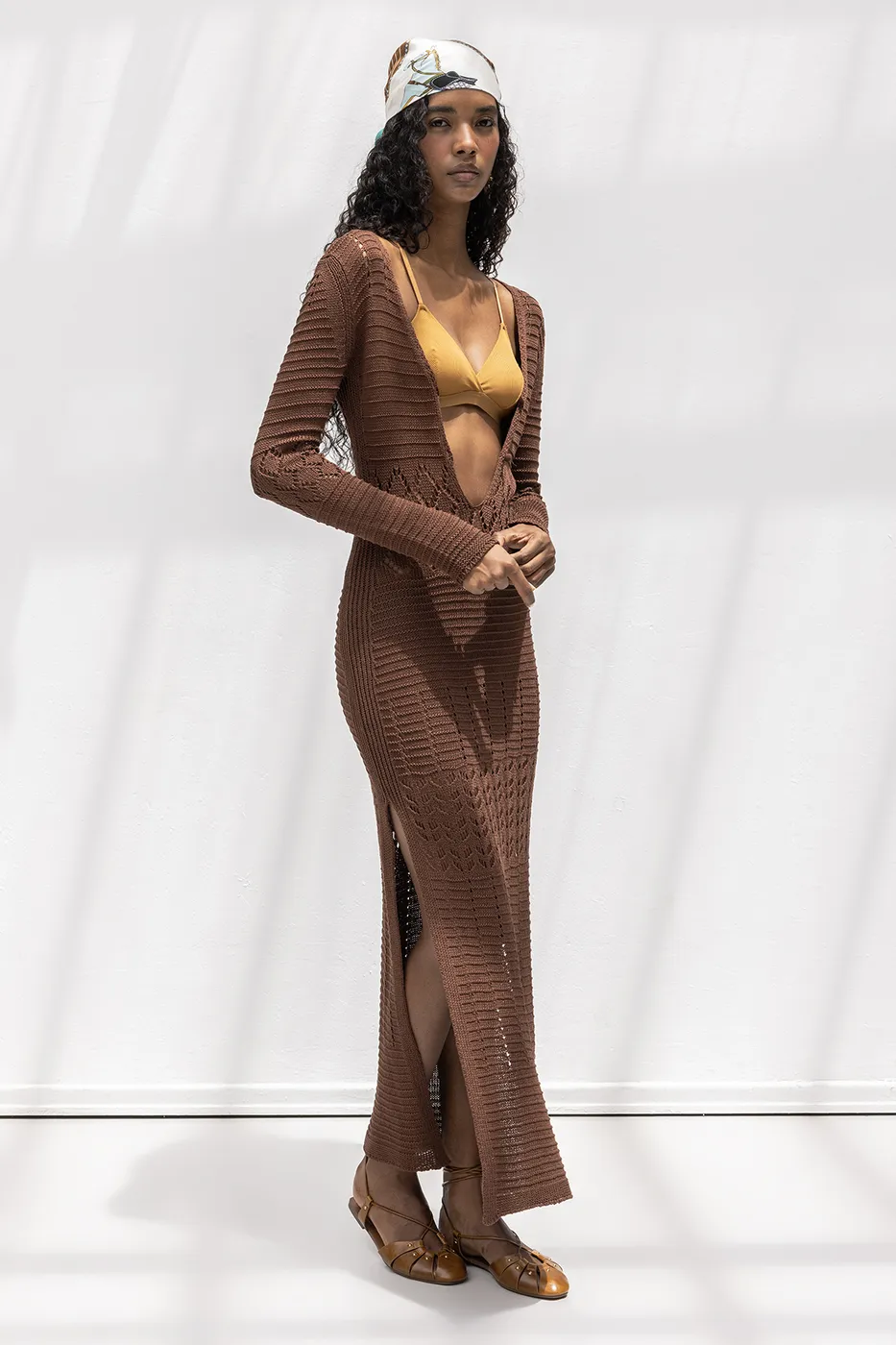 Bayan Kahverengi Ajurlu Uzun Örme Elbise