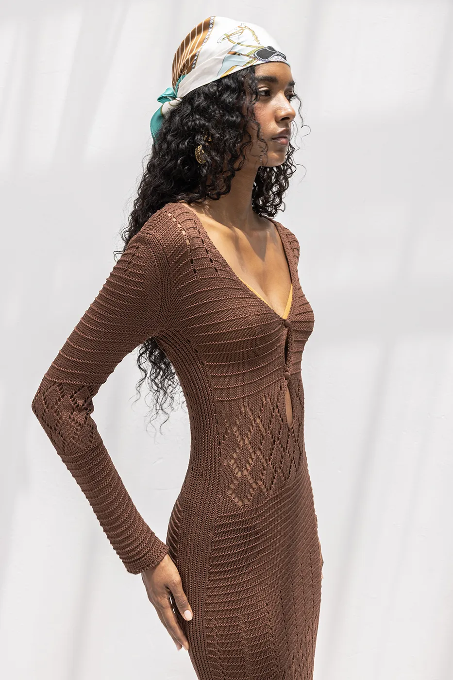Bayan Kahverengi Ajurlu Uzun Örme Elbise