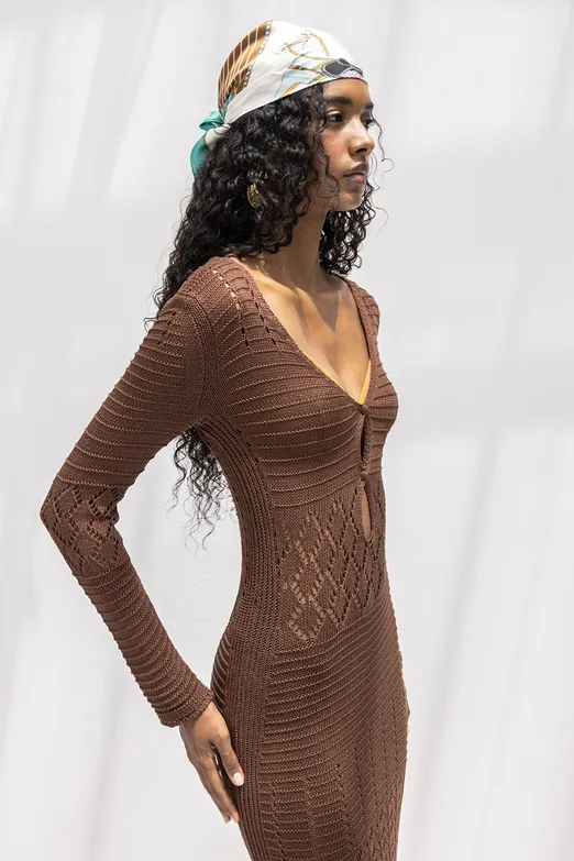 Bayan Kahverengi Ajurlu Uzun Örme Elbise - BSL