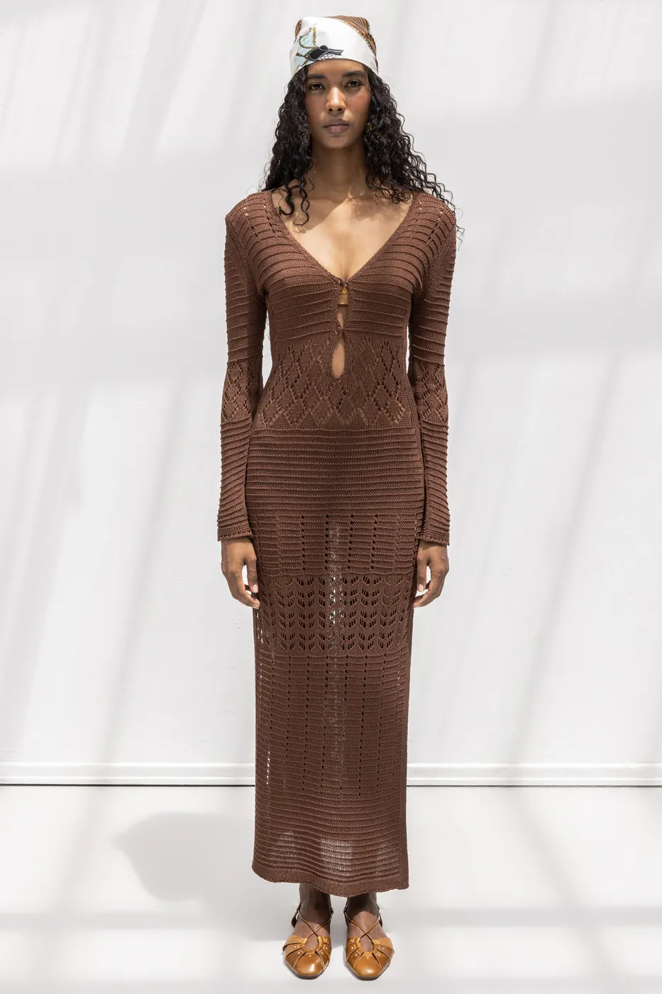 Bayan Kahverengi Ajurlu Uzun Örme Elbise