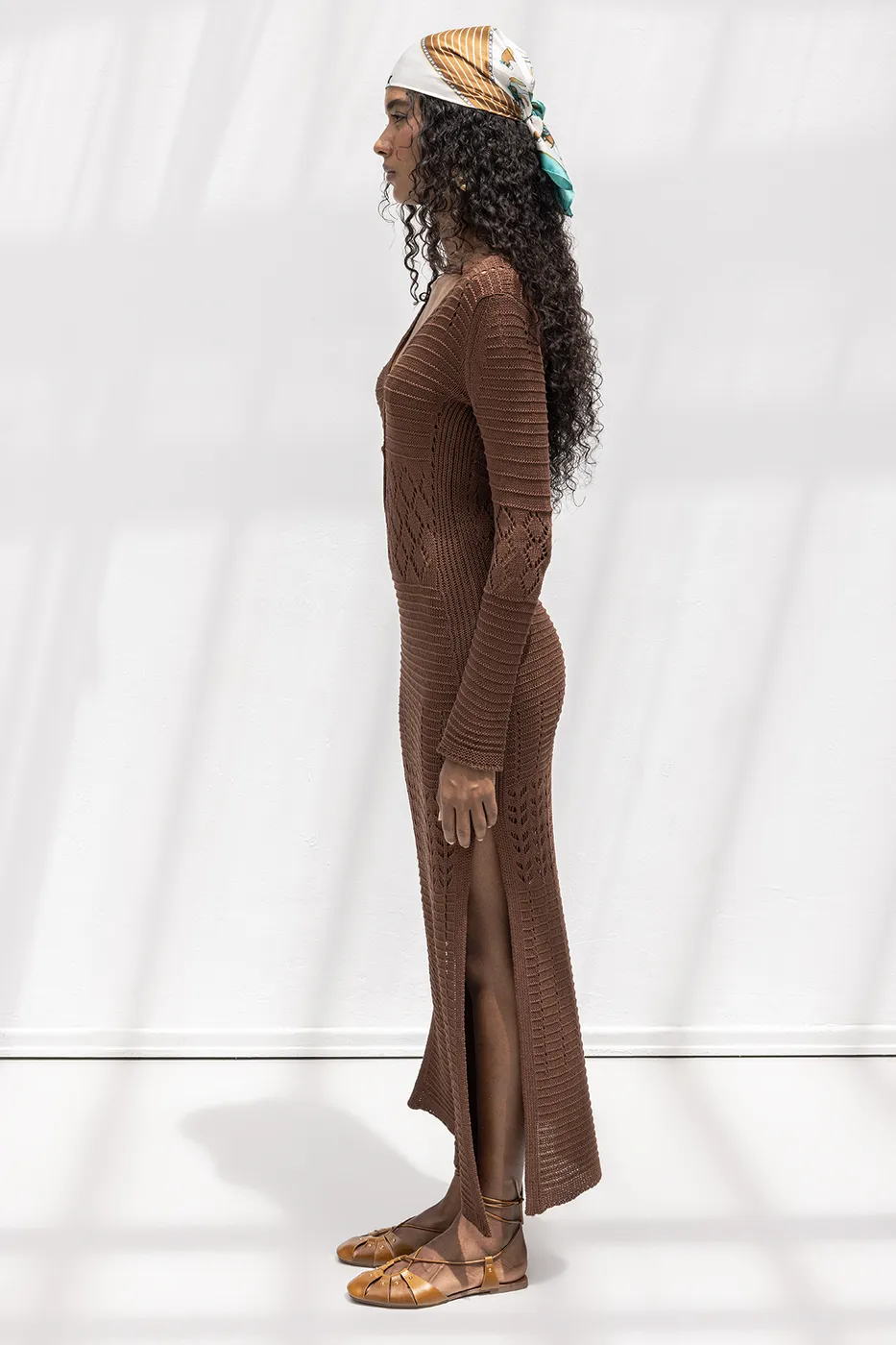 Bayan Kahverengi Ajurlu Uzun Örme Elbise