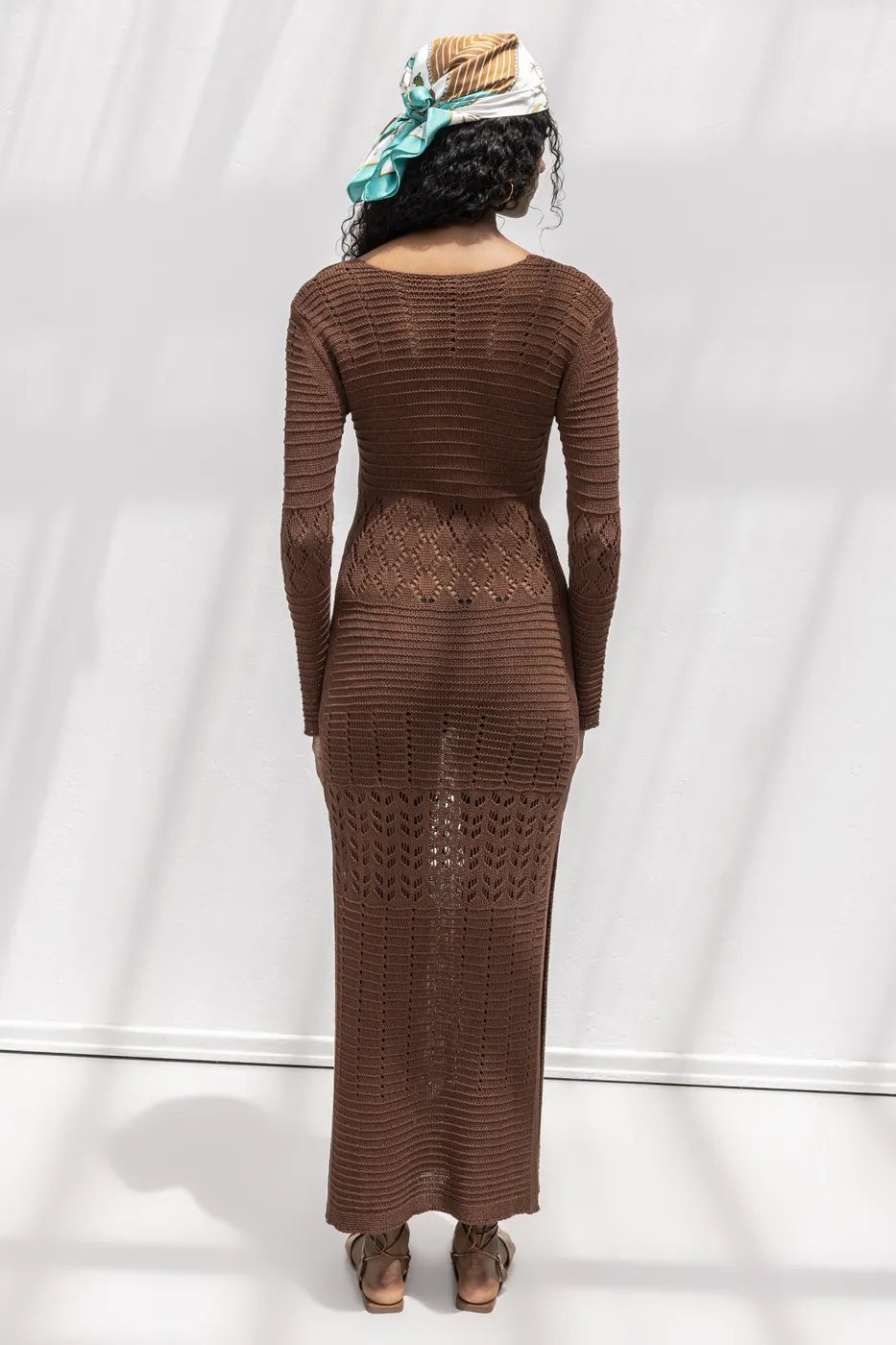 Bayan Kahverengi Ajurlu Uzun Örme Elbise