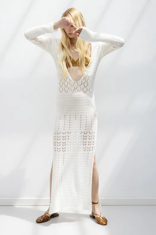 Bayan Beyaz Ajurlu Uzun Örme Elbise - BSL