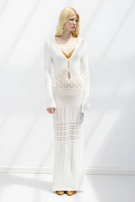 Bayan Beyaz Ajurlu Uzun Örme Elbise - BSL