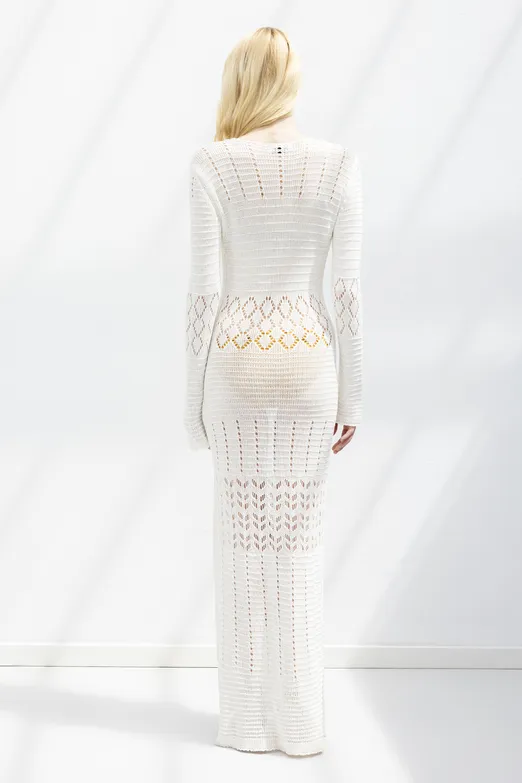 Bayan Beyaz Ajurlu Uzun Örme Elbise - BSL
