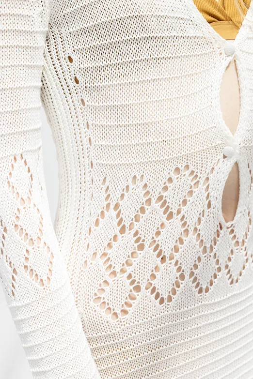 Bayan Beyaz Ajurlu Uzun Örme Elbise - BSL