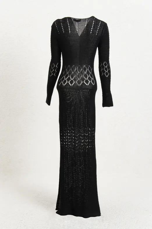 Bayan Siyah Ajurlu Uzun Örme Elbise - BSL