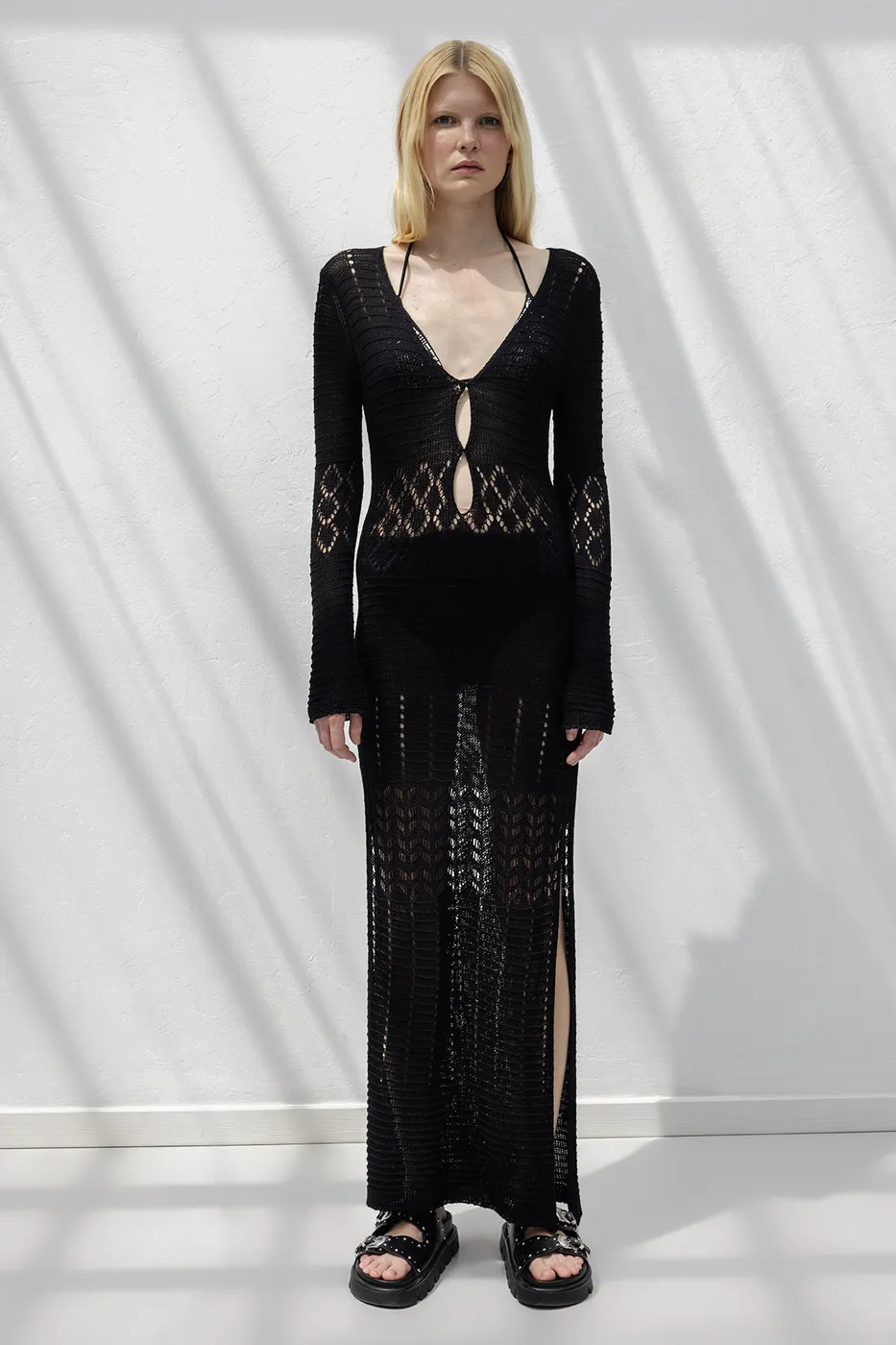 Bayan Siyah Ajurlu Uzun Örme Elbise