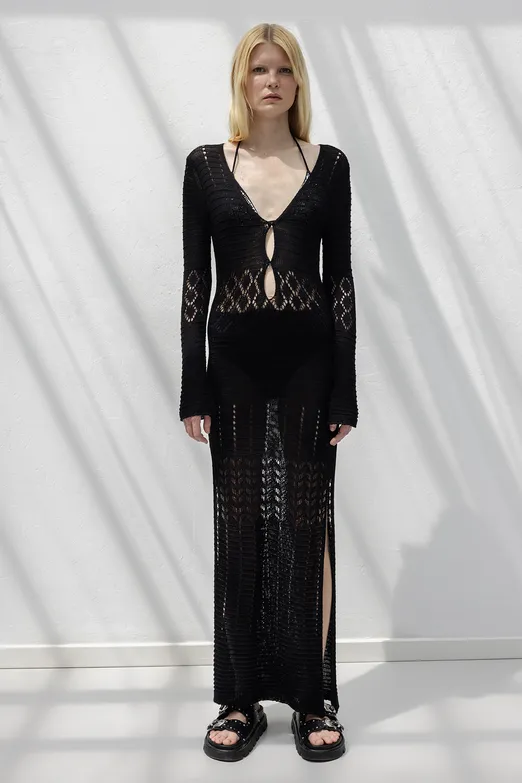 Bayan Siyah Ajurlu Uzun Örme Elbise - BSL