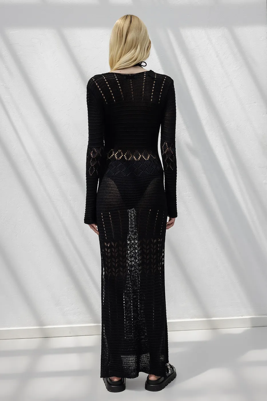 Bayan Siyah Ajurlu Uzun Örme Elbise