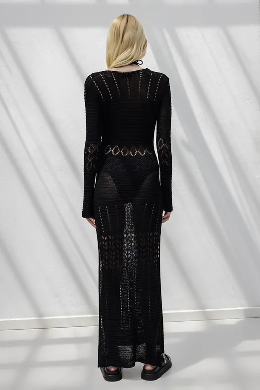 Bayan Siyah Ajurlu Uzun Örme Elbise - BSL