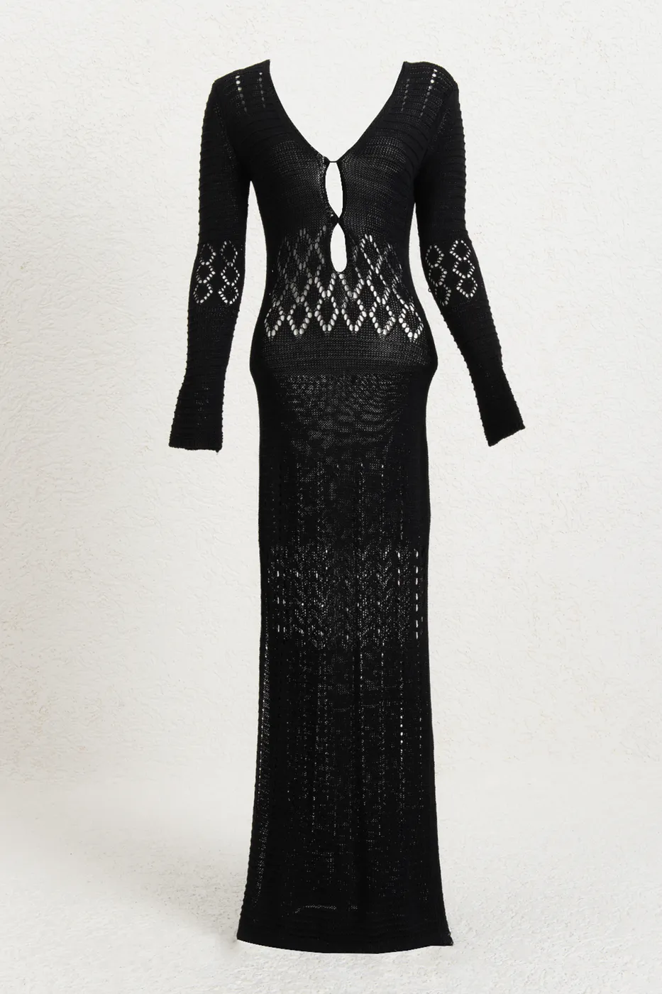 Bayan Siyah Ajurlu Uzun Örme Elbise