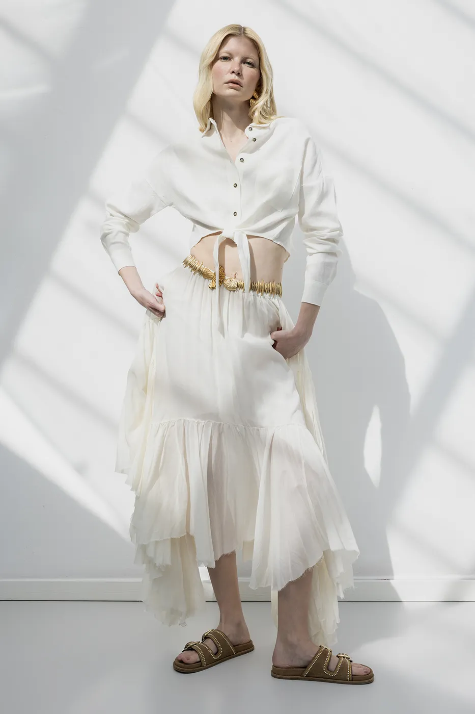 Bayan Ekru Mendil Etek Detaylı Midi Etek