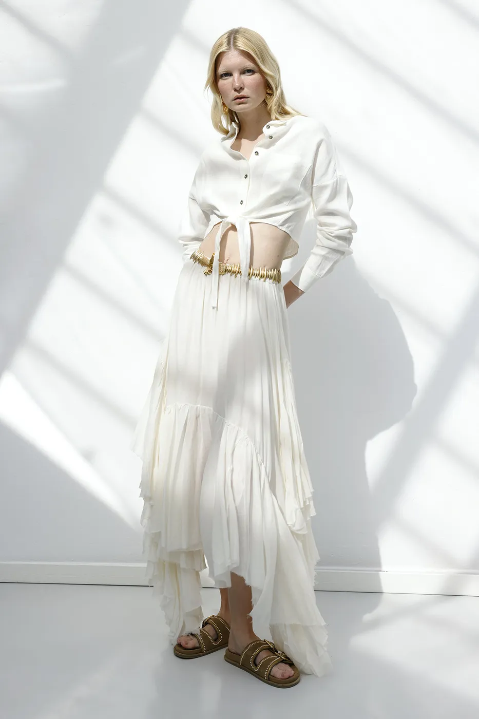 Bayan Ekru Mendil Etek Detaylı Midi Etek