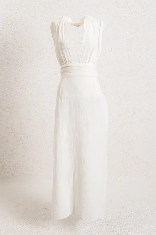 Bayan Beyaz Helen Müslin Midi Elbise - BSL