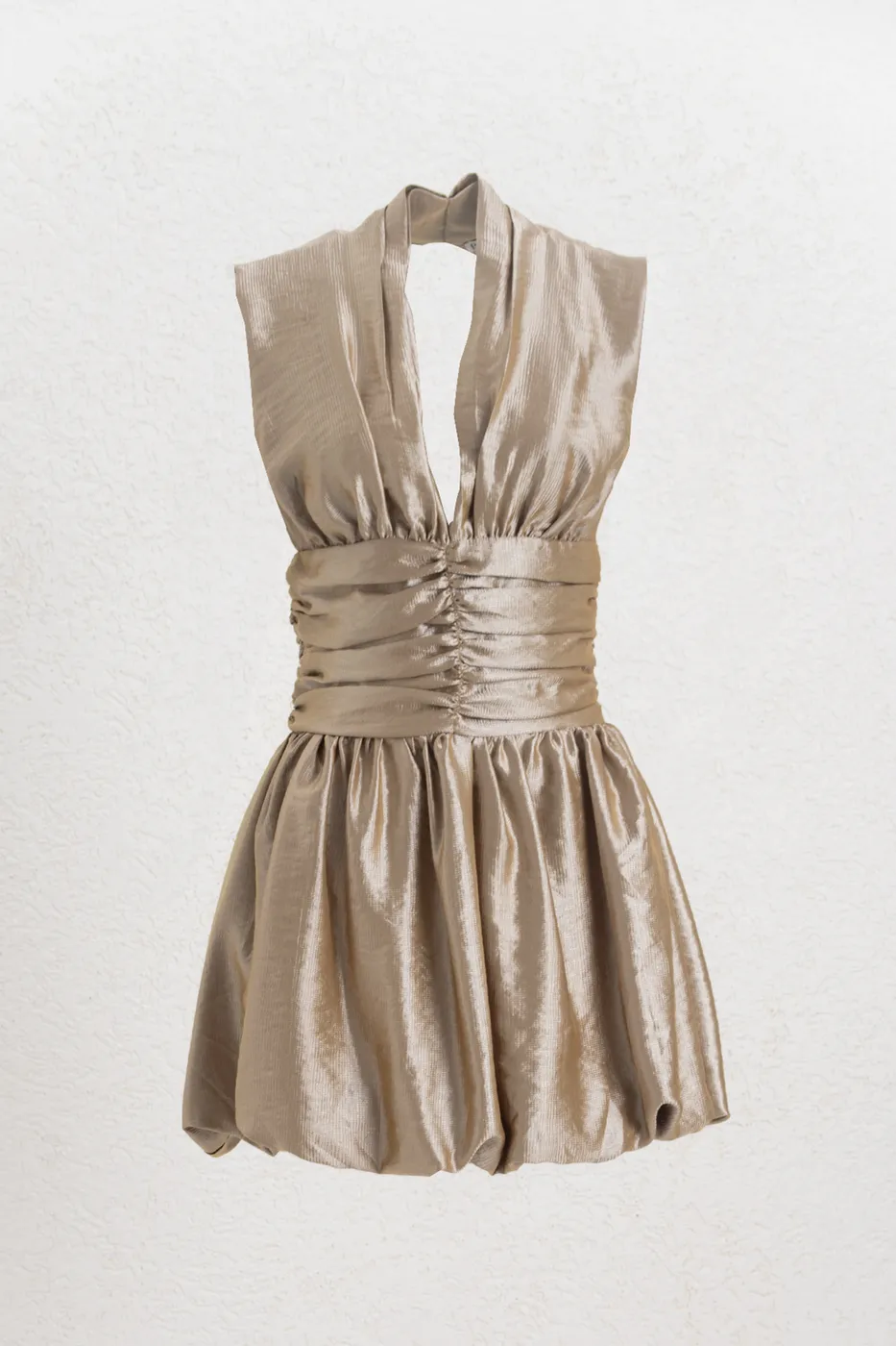 Bayan Bej Parlak Balon Mini Elbise