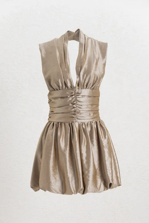 Bayan Bej Parlak Balon Mini Elbise - BSL